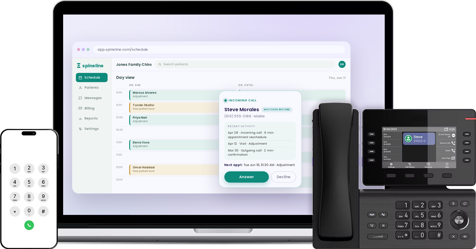 Spineline practice management app on a laptop with a Screen Pop for an incoming call from Steve Morales, next to a smartphone dialer and a desk phone