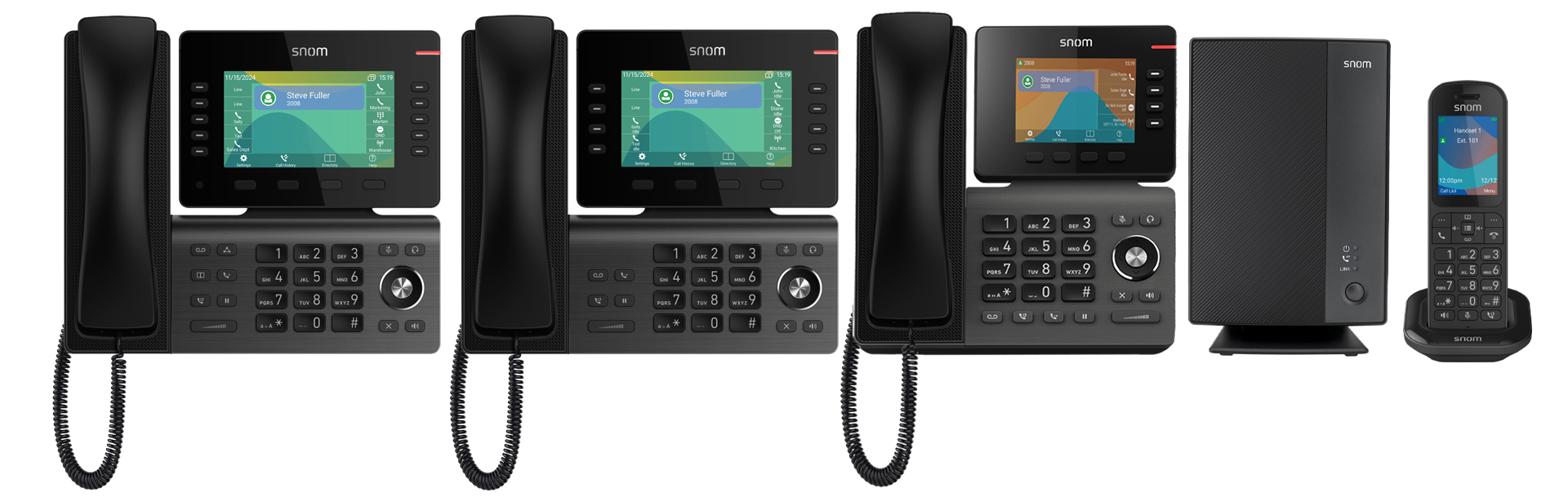 Snom D8 series desk phones, an M-series DECT base station, and a cordless handset.